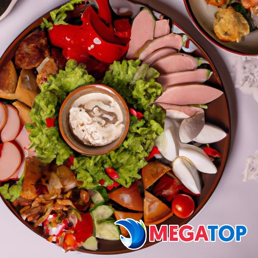 Một đĩa thức ăn được sắp xếp đẹp mắt với nhiều món ăn hấp dẫn.