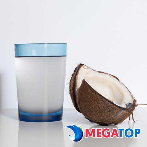 Gần cận của một cốc đựng nước dừa và một quả dừa bên cạnh.