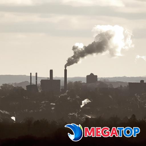 Bức ảnh hiển thị một tòa nhà cao ốc với những nhà máy phát thải khói và ô nhiễm vào không khí.