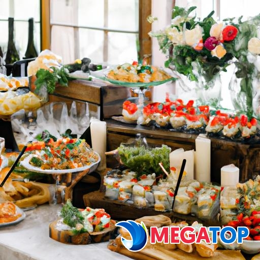 Bàn tiệc trang hoàng đẹp mắt với một loạt các món ăn ngon cho buổi tiệc cưới.