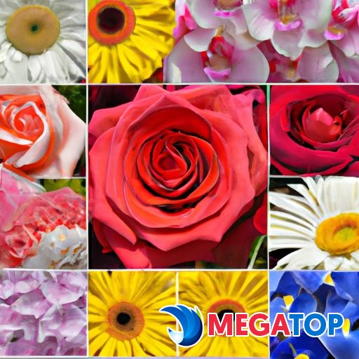 Một bức tranh ghép gồm các loại hoa phổ biến như hoa hồng, hoa cúc, hoa cẩm chướng và hoa phong lan.