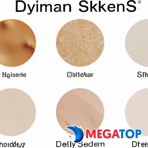 Hình ảnh gần của các loại da khác nhau như da khô, da dầu, da hỗn hợp và da nhạy cảm, kèm theo nhãn đánh dấu tương ứng.