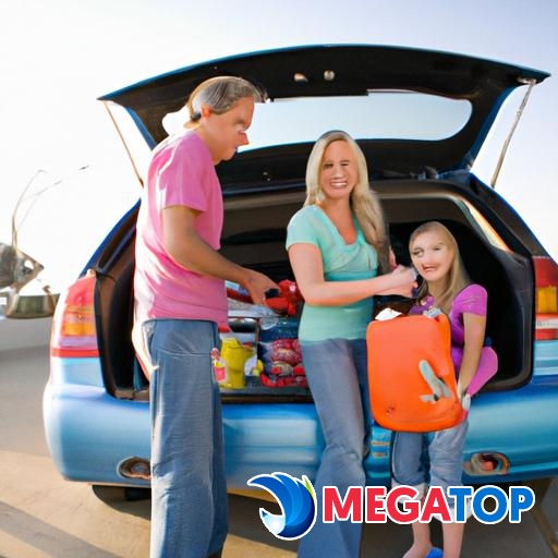 Một gia đình đang chất đồ vào một chiếc xe ô tô cũ rộng rãi để đi du lịch.