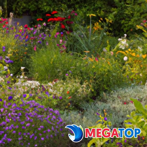 Một khu vườn đẹp với nhiều loại hoa sặc sỡ và cỏ xanh tươi.