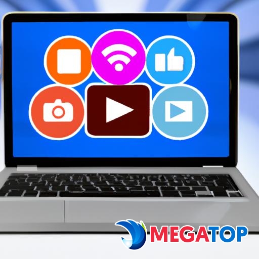 Một chiếc laptop với biểu tượng mạng xã hội và hình thu nhỏ video