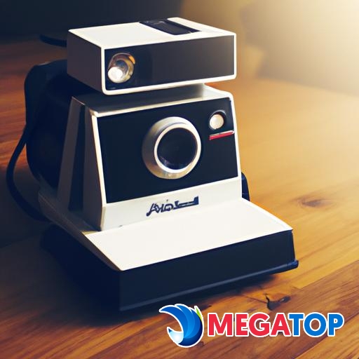 Máy ảnh Polaroid cổ điển trên một chiếc bàn gỗ.