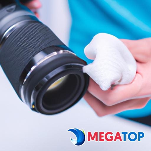 Một nhiếp ảnh gia lau sạch ống kính máy ảnh với một miếng vải mềm