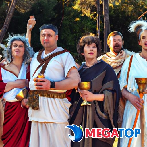 Một nhóm người mặc trang phục Hy Lạp cổ tham gia một lễ hội với chủ đề thần thoại Hy Lạp.