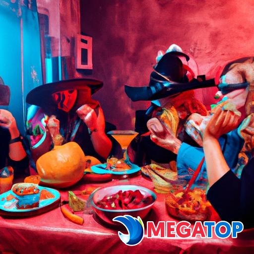 Một nhóm người mặc trang phục Halloween tận hưởng bữa ăn ngon tại một buổi tiệc Halloween.