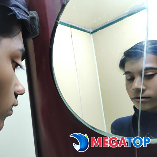 Một người đàn ông nhìn vào gương và chỉ tập trung vào hình ảnh của chính mình