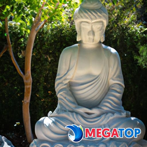 Một bức tượng Phật thủ đẹp được làm từ đá trắng, đang ngồi một cách thanh thản trong khu vườn yên tĩnh.