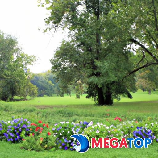 Một bãi cỏ xanh tươi được bao quanh bởi những bông hoa và cây cảnh tươi sắc.