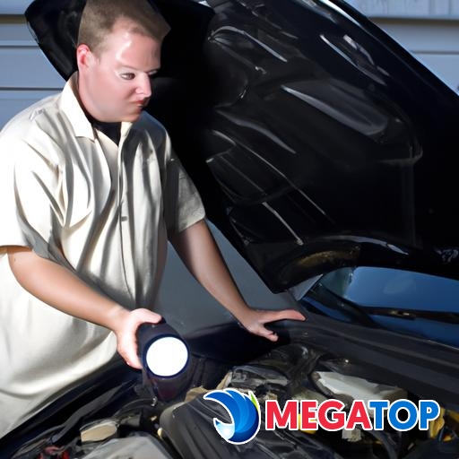 Một thợ cơ khí đang kiểm tra động cơ của một chiếc xe ô tô cũ bằng đèn pin.