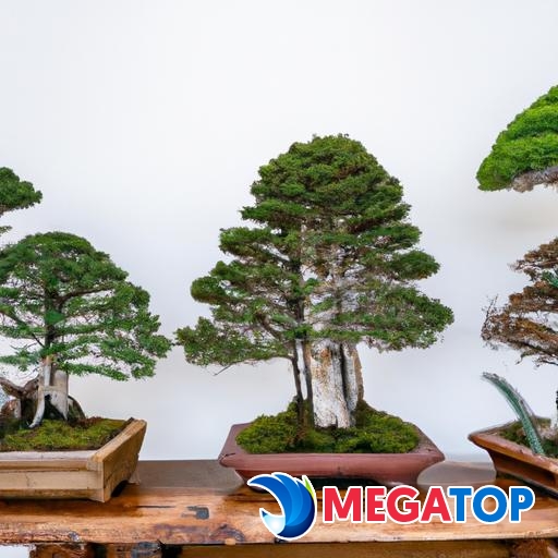 Một loạt cây bonsai sân vườn được trưng bày trên một giá đỡ gỗ.
